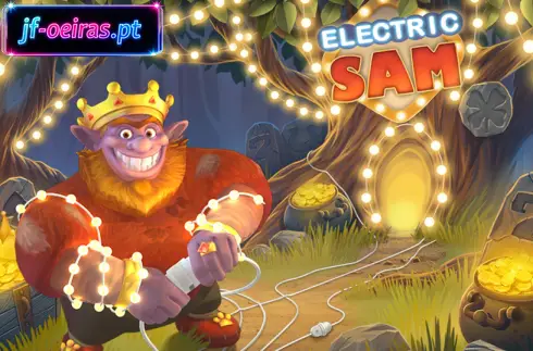 Tela do jogo de slot SAM el&eacute;trico mostrando trolls neon e s&iacute;mbolos de frutas